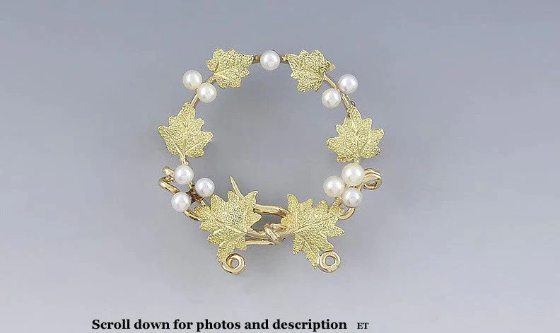 Early 1900s 14k Gold Pearl Ivy Grape Leaf Wreath Small Brooch Pin