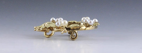 Early 1900s 14k Gold Pearl Ivy Grape Leaf Wreath Small Brooch Pin