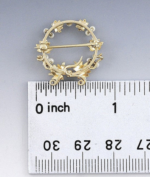 Early 1900s 14k Gold Pearl Ivy Grape Leaf Wreath Small Brooch Pin