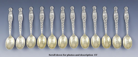 Rare Set 12 Whiting Sterling Silver Heraldic Pat Chocolate Spoons