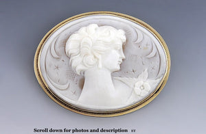 Exquisite 14k Gold Hand Carved Cameo Of A Beautiful Woman Pin/Brooch Or Pendant