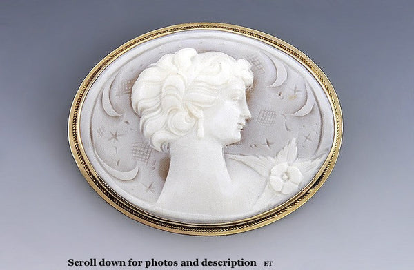 Exquisite 14k Gold Hand Carved Cameo Of A Beautiful Woman Pin/Brooch Or Pendant