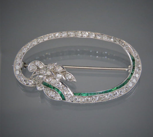 Exquisite Art Deco Platinum Diamond Emerald Brooch Pin c1920s