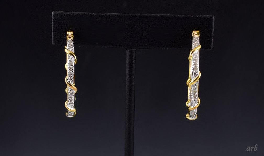 Beautiful Gold Swirl Sterling Silver Accent Diamond Hoop Earrings
