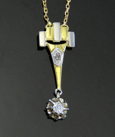 Antique c1920 Art Deco 18K Yellow & White Gold Diamond Pendant Necklace