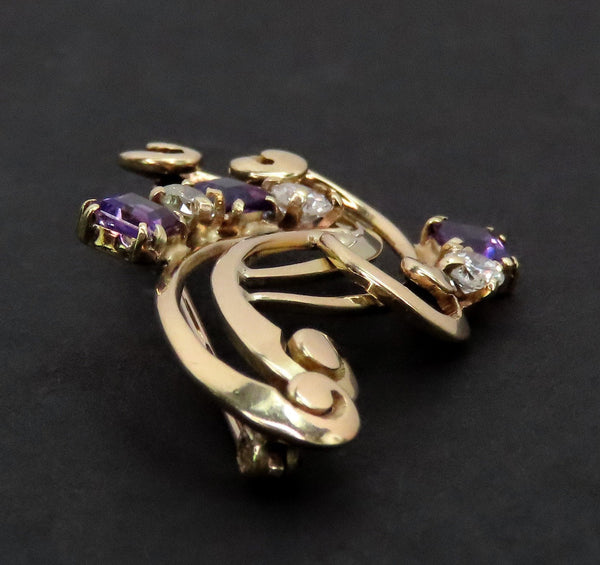 Beautiful Retro/VTG 14k Yellow Gold Purple Amethyst Diamond Pin Brooch