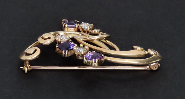 Beautiful Retro/VTG 14k Yellow Gold Purple Amethyst Diamond Pin Brooch