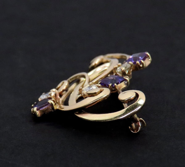 Beautiful Retro/VTG 14k Yellow Gold Purple Amethyst Diamond Pin Brooch