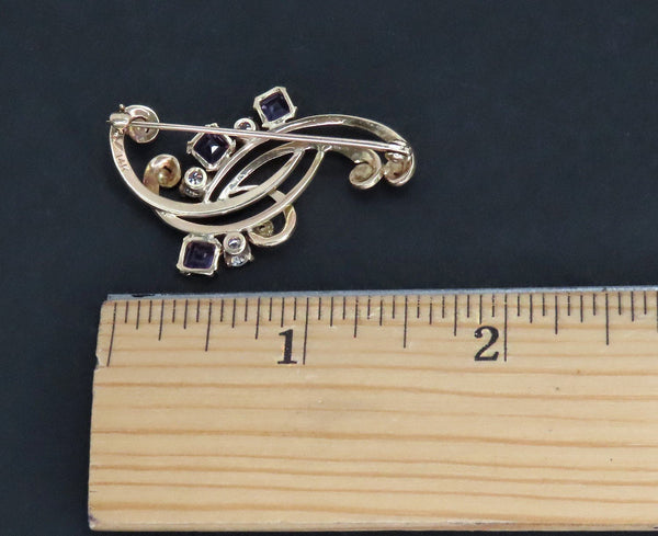 Beautiful Retro/VTG 14k Yellow Gold Purple Amethyst Diamond Pin Brooch