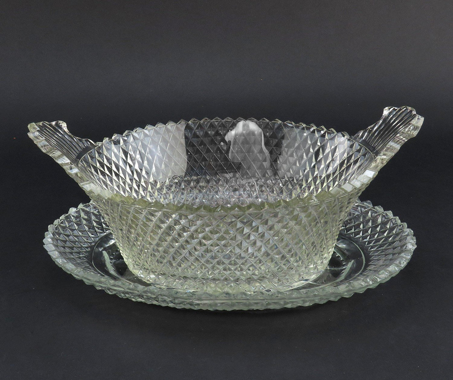 Late 1700s/early 1800s Anglo Irish Cut Glass Oval Bowl Basket w Underplate