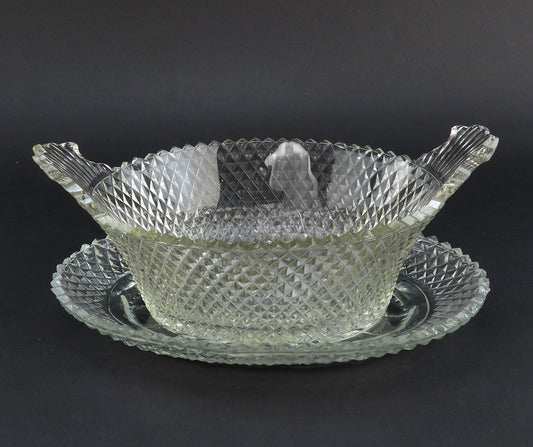 Late 1700s/early 1800s Anglo Irish Cut Glass Oval Bowl Basket w Underplate
