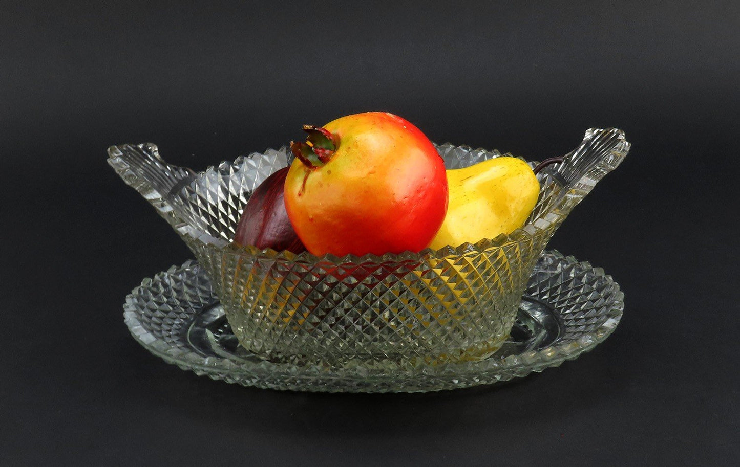 Late 1700s/early 1800s Anglo Irish Cut Glass Oval Bowl Basket w Underplate