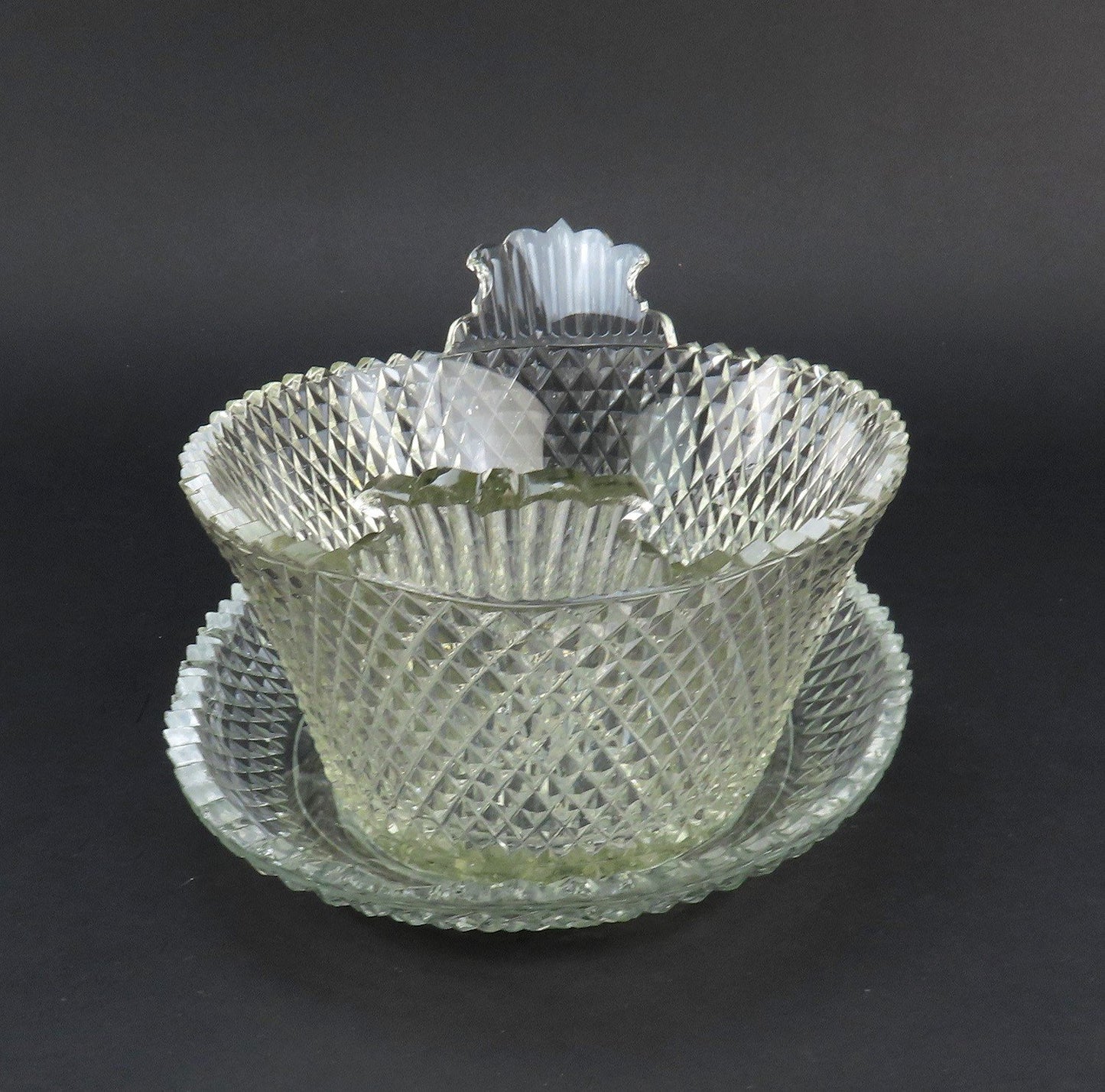Late 1700s/early 1800s Anglo Irish Cut Glass Oval Bowl Basket w Underplate