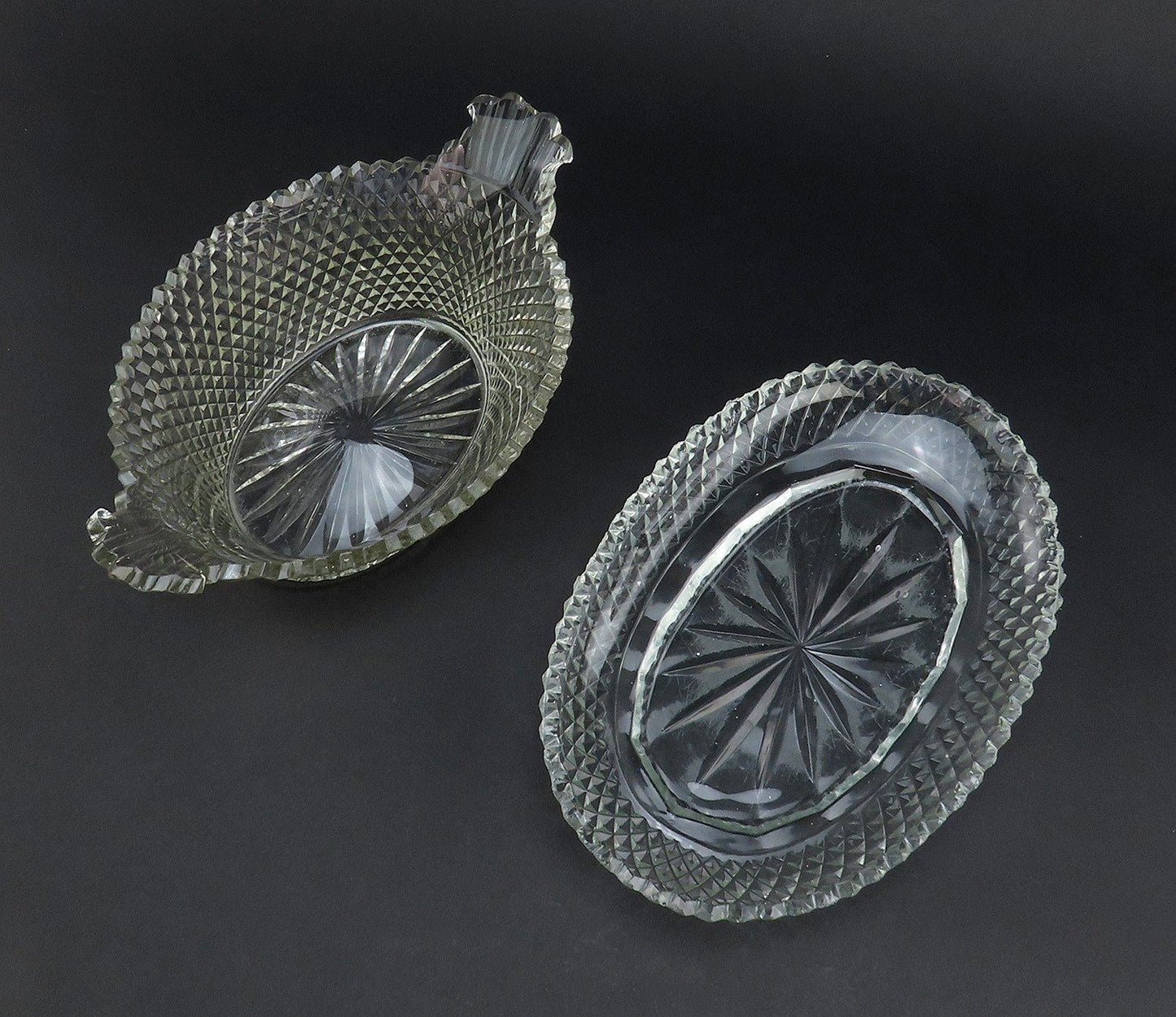 Late 1700s/early 1800s Anglo Irish Cut Glass Oval Bowl Basket w Underplate