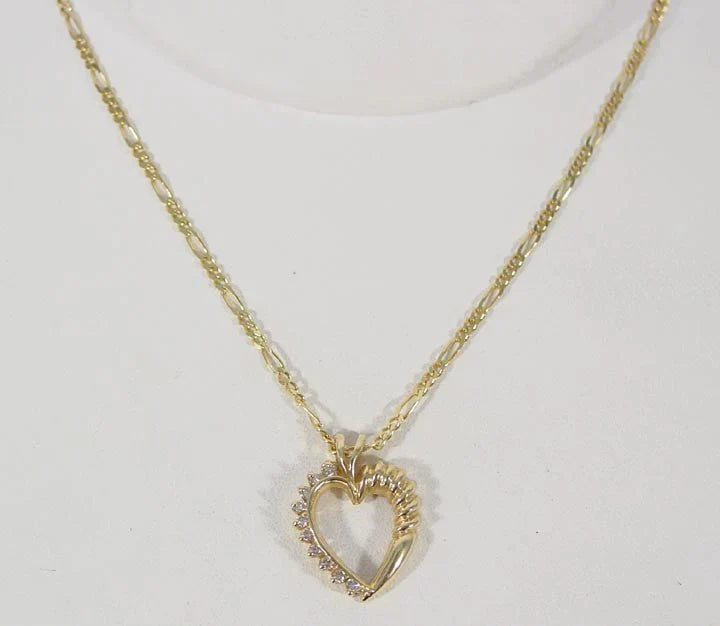 Elegant 14K Gold & Diamond Openwork Heart Pendant Figaro Chain