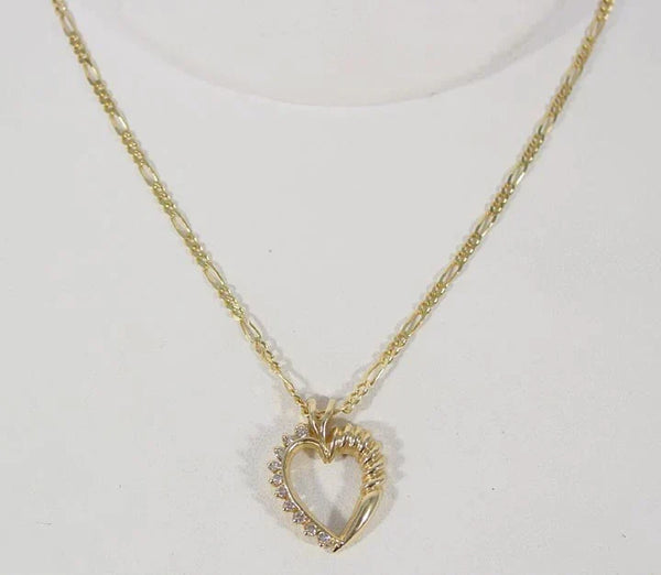 Elegant 14K Gold & Diamond Openwork Heart Pendant Figaro Chain