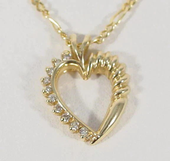 Elegant 14K Gold & Diamond Openwork Heart Pendant Figaro Chain