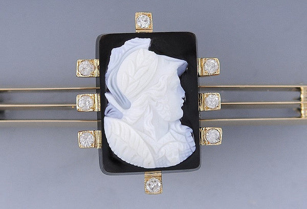 Victorian Carved Laureled Warrior Stone Cameo Diamond 14K Gold Bar Pin