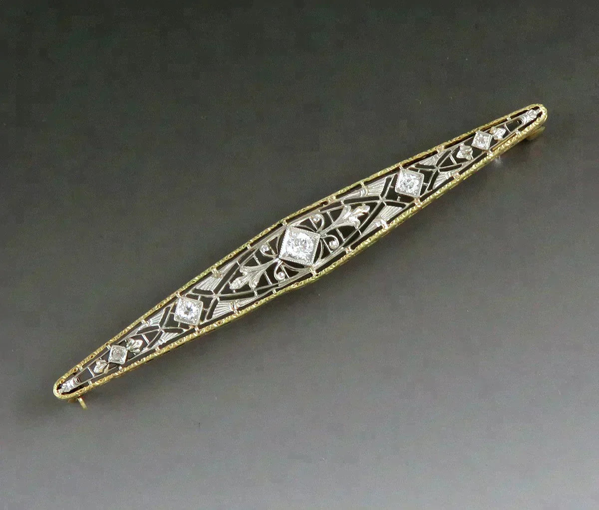 Exquisite Krementz 14k White and Yellow Gold ~.32ct Diamond Filigree Bar Pin