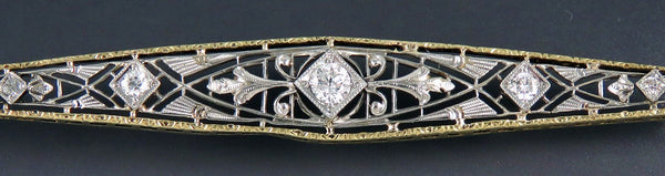 Exquisite Krementz 14k White and Yellow Gold ~.32ct Diamond Filigree Bar Pin