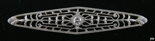 Antique Edwardian 14K White Gold Diamond Milgrain Filigree Bar Pin Brooch