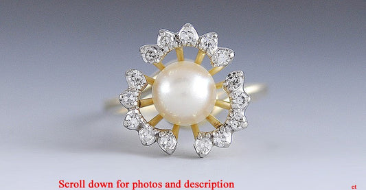 Exquisite Large Pearl & Diamond Halo 14K Yellow Gold Ring Size 7