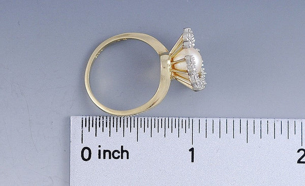 Exquisite Large Pearl & Diamond Halo 14K Yellow Gold Ring Size 7