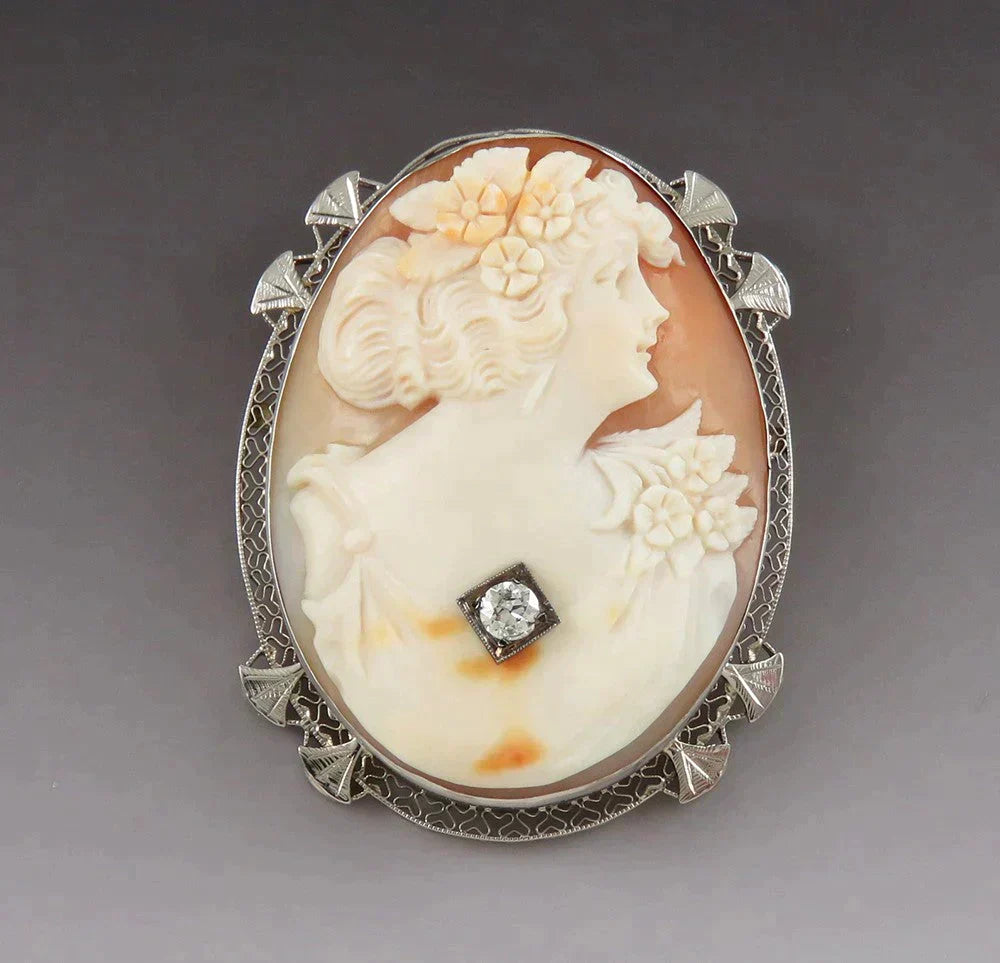 Antique Victorian 14K Gold Filigree Carved Shell 30pt Diamond Cameo Pin Pendant