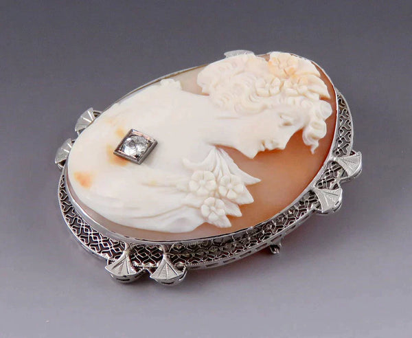 Antique Victorian 14K Gold Filigree Carved Shell 30pt Diamond Cameo Pin Pendant