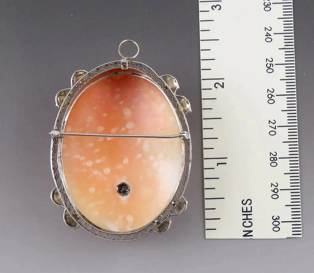 Antique Victorian 14K Gold Filigree Carved Shell 30pt Diamond Cameo Pin Pendant