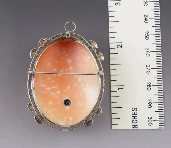 Antique Victorian 14K Gold Filigree Carved Shell 30pt Diamond Cameo Pin Pendant
