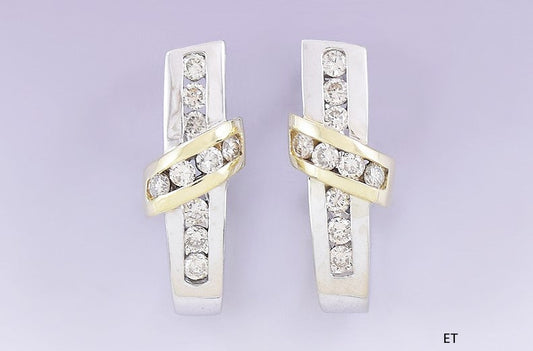 Gorgeous Pair 14k Two Tone White & Yellow Gold Diamond Earrings