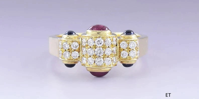 Gorgeous 18k Yellow Gold Sapphire Ruby & Diamond Ring