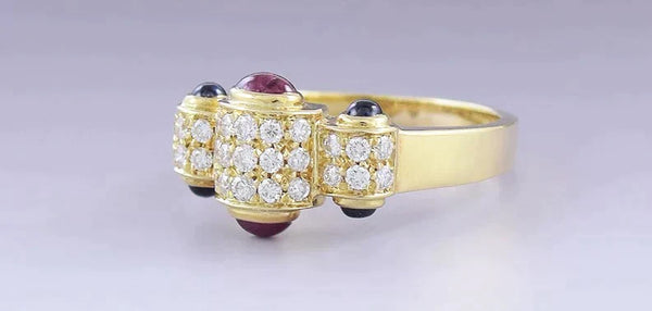 Gorgeous 18k Yellow Gold Sapphire Ruby & Diamond Ring