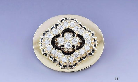 Stunning 14k Gold Diamond & Black Enamel Victorian Style Pin / Brooch