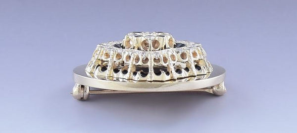 Stunning 14k Gold Diamond & Black Enamel Victorian Style Pin / Brooch