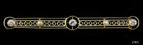 Brilliant Old 14k Yellow Gold Diamond, and Pearl Bar Pin w/ Filigree Design