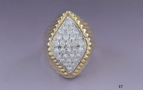 Striking High Quality 14K Yellow Gold Pavé Diamond Navette Ring Size 5.5