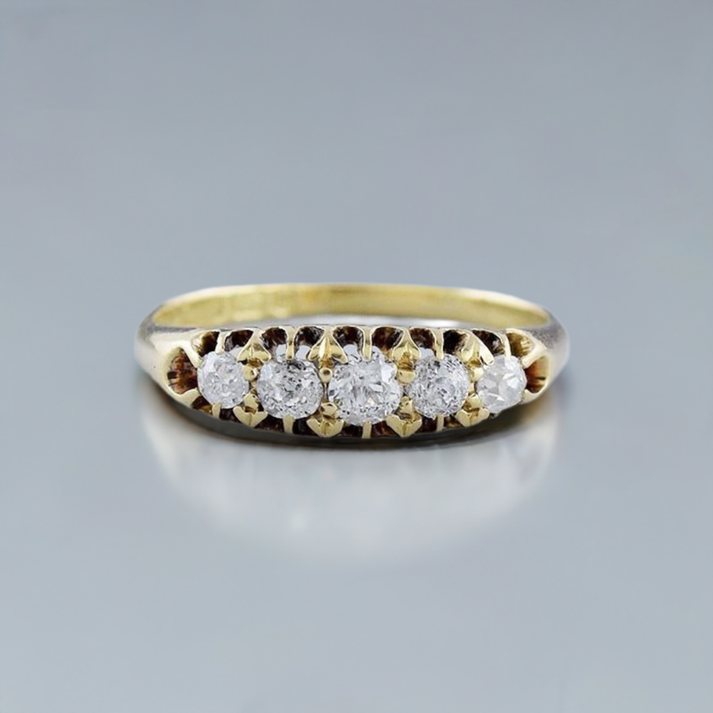 1898 Gorgeous English 18k Gold & Diamond 5 Stone Anniversary Band Ring