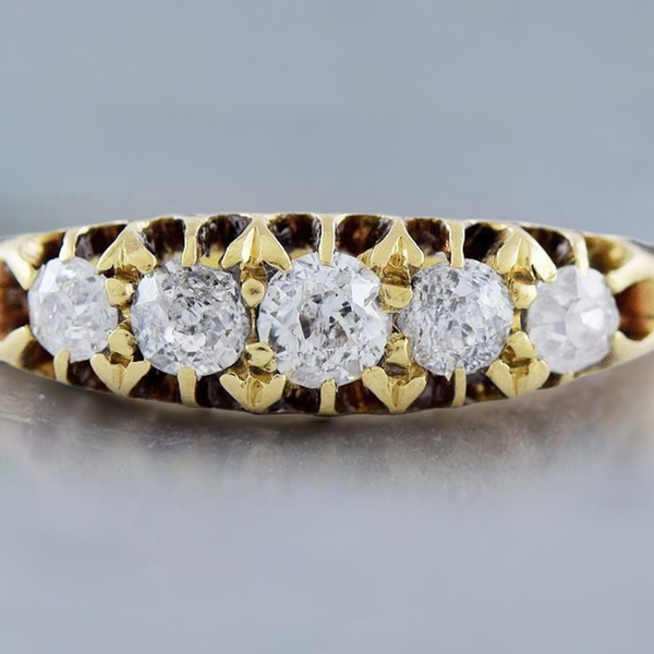 1898 Gorgeous English 18k Gold & Diamond 5 Stone Anniversary Band Ring