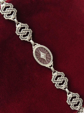 Antique c1915 Art Deco 10K White Gold Diamond Filigree Linked Bracelet 7 3/8"