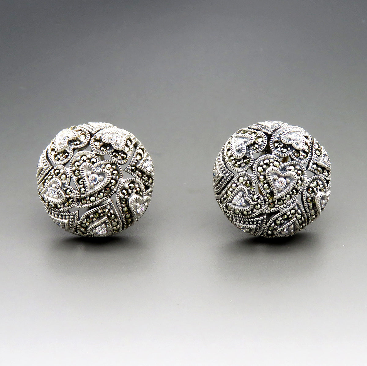 Judith Jack Sterling Silver Diamond Marcasite Heart Dome Statement Earrings