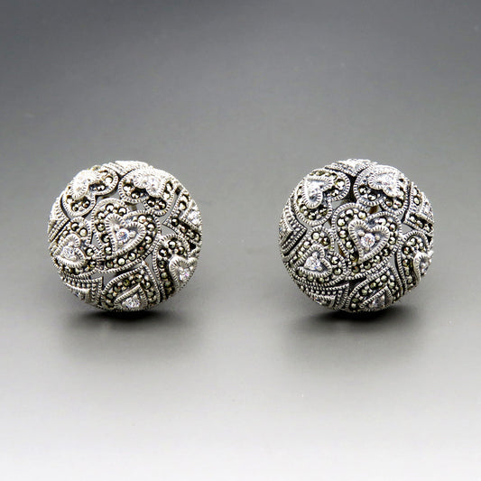 Judith Jack Sterling Silver Diamond Marcasite Heart Dome Statement Earrings