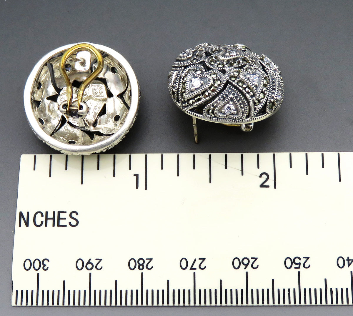 Judith Jack Sterling Silver Diamond Marcasite Heart Dome Statement Earrings