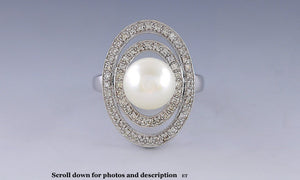 Stunning Pearl & Diamond 14K White Gold Halo Ring Size 7