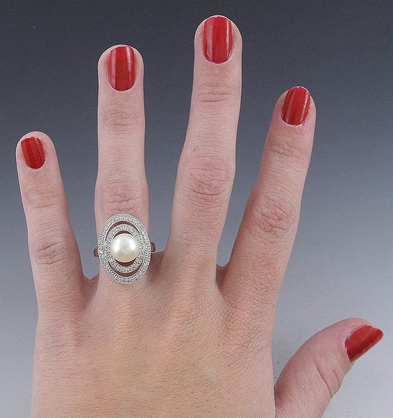 Stunning Pearl & Diamond 14K White Gold Halo Ring Size 7