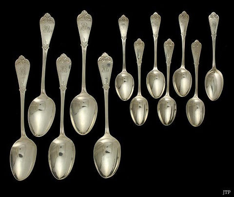 12 Antique Tiffany & Co Sterling Silver 5 Serving Spoons 7 Teaspoons Set
