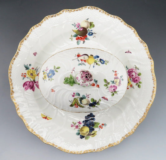 Antique c1765 Meissen Porcelain Covered Sauce Bowl With Attached Platter