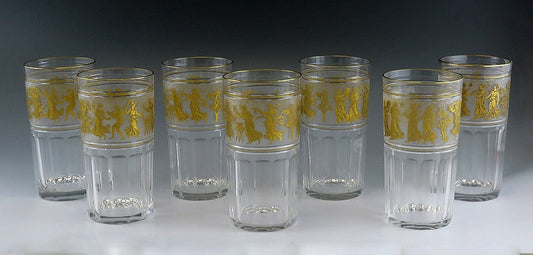 7 Val St Lambert Danse de Flore Gold Crystal Juice/Water Tall Tumbler Glasses