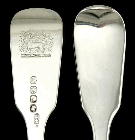 5 Antique 1819 English Sterling Silver Fiddle Dog Crest Dinner Forks 8 1/8”